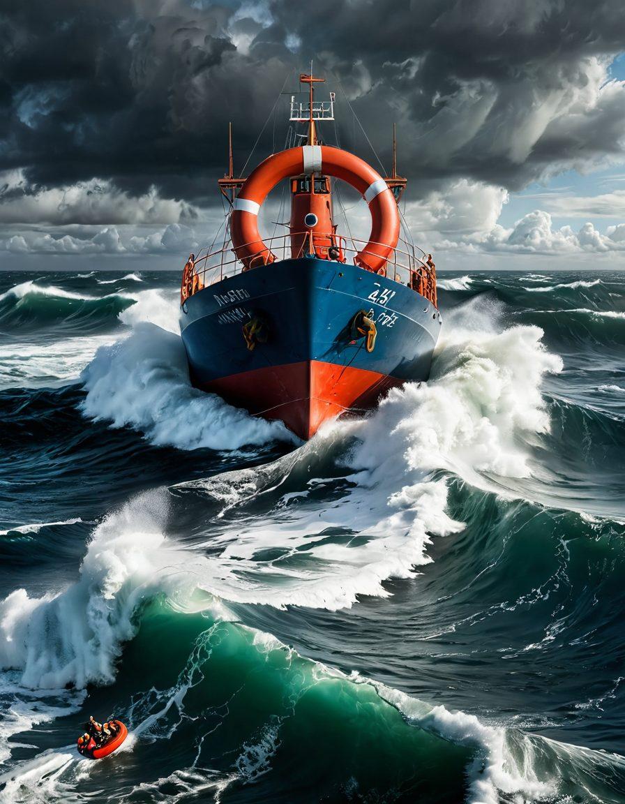 A dramatic scene of a ship navigating through turbulent ocean waves, with a lifebuoy inscribed with 'Marine Liability' floating alongside. The background features a stormy sky, symbolizing risks to maritime investments, while a diverse crew is seen working diligently on deck. Include subtle hints of financial charts and marine documents in the waves to connect with the theme of protection. super-realistic. vibrant colors. dynamic perspective.