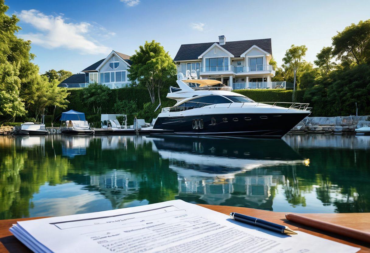 A serene marina scene with a luxurious yacht anchored, reflecting sunlight on calm waters. Include a backdrop of a modern luxury home on the shore, surrounded by lush greenery. The foreground features nautical insurance paperwork and a compass, symbolizing navigation through the complexities of yacht insurance. The overall mood should evoke luxury and tranquility. super-realistic. vibrant colors. soft focus.