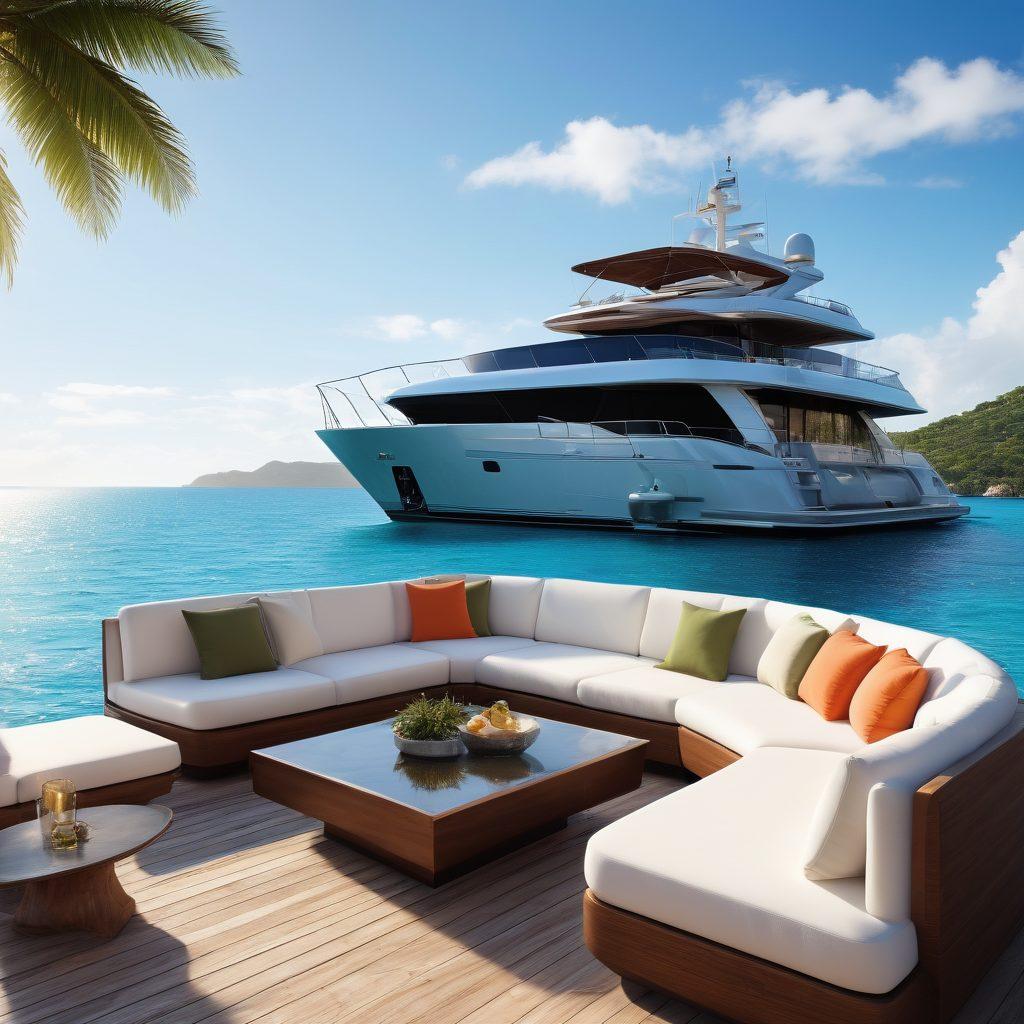 A stunning luxury yacht docked in a serene harbor, glistening under the sun. The scene includes elegant outdoor furnishings with plush cushions and a cocktail table, showcasing opulence. Enveloping the background, a lush tropical landscape enhances the feeling of exclusivity. The water reflects the vibrant blue sky, creating a tranquil atmosphere. super-realistic. vibrant colors. high detail.